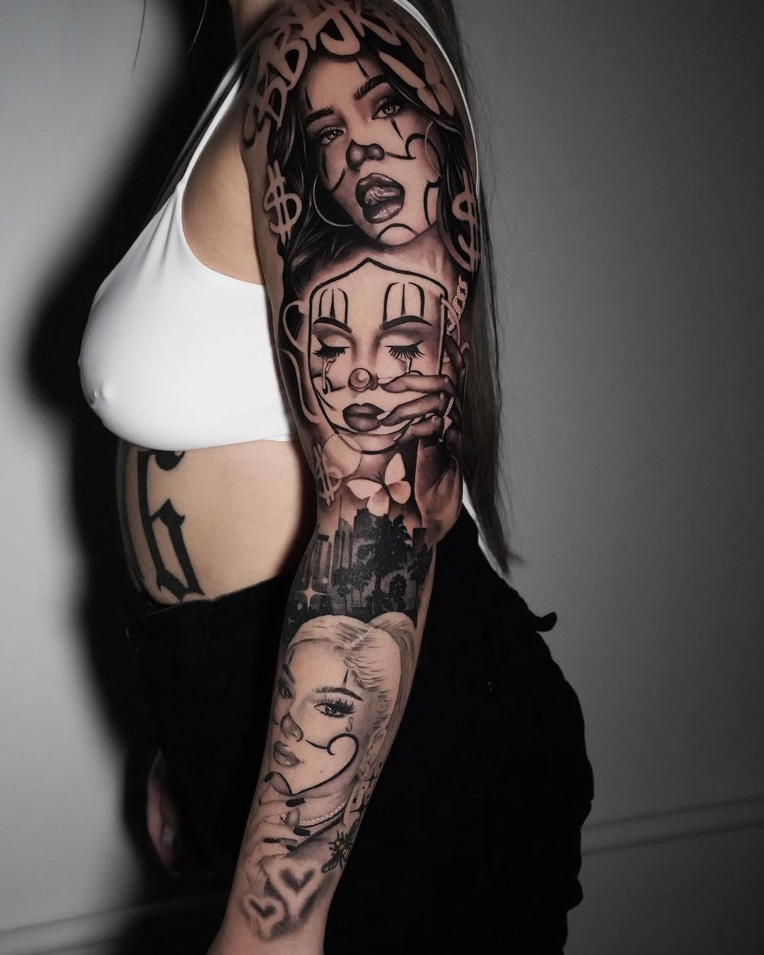 Black and grey realism chicano tattoo design by Bella Gomez at Broadway Dept. Midtown Sacramento