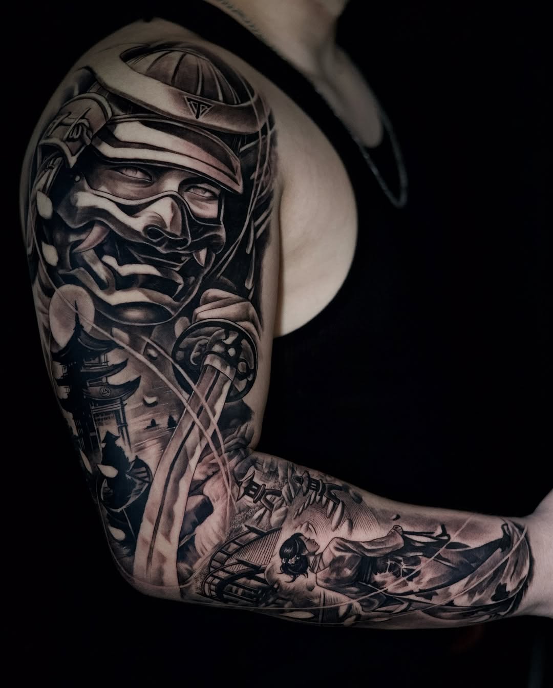 Full view of samurai and geisha tattoo piece by Adrian Idso at Broadway Dept Midtown Sacramento