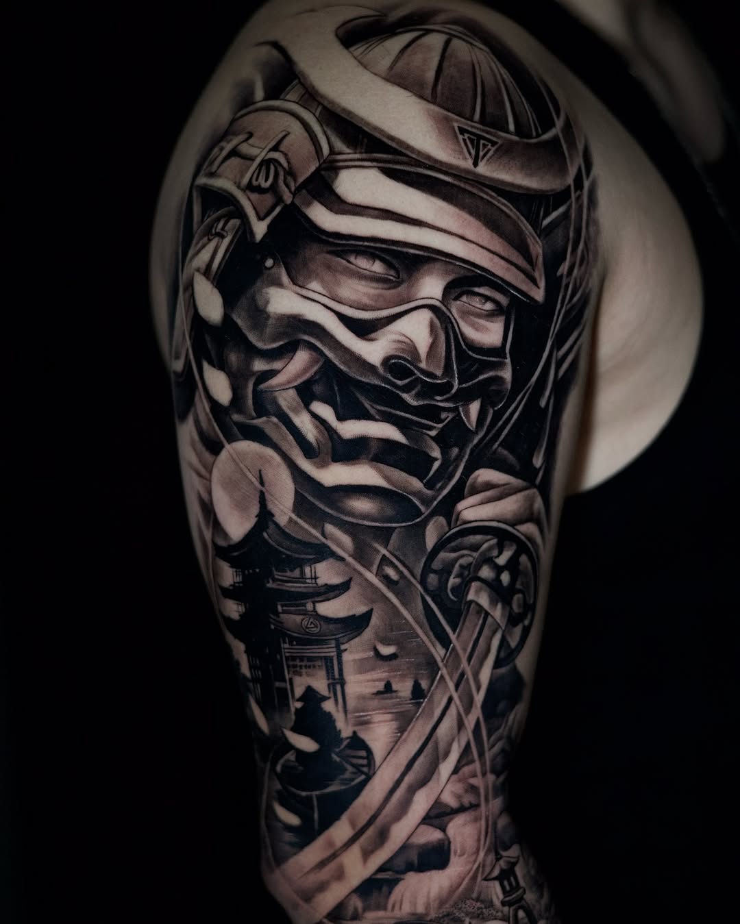 Close-up detail of samurai and geisha Japanese tattoo design by Adrian Idso