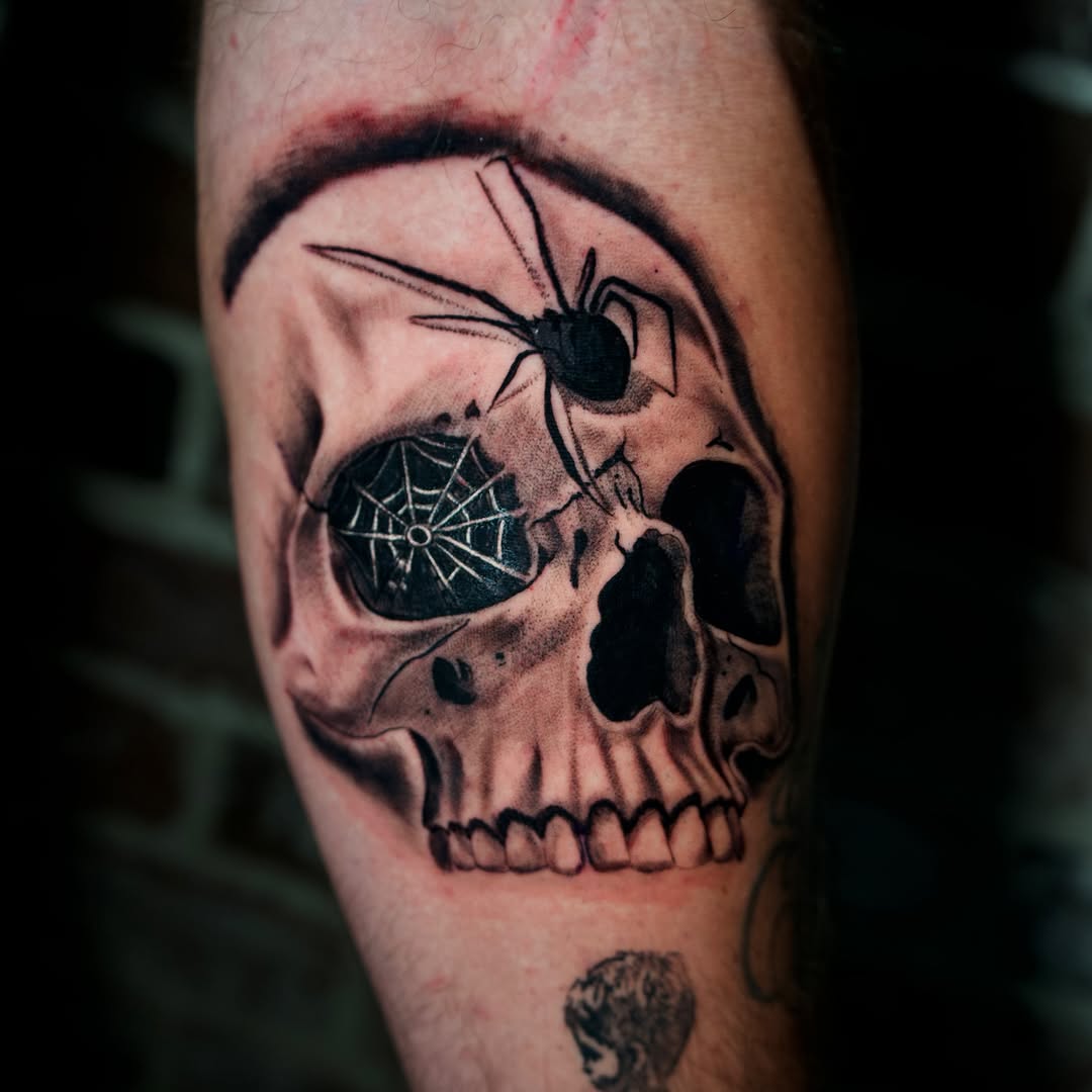 Skull and Spider Tattoo by Jesus Bernal at Broadway Dept. Midtown Sacramento