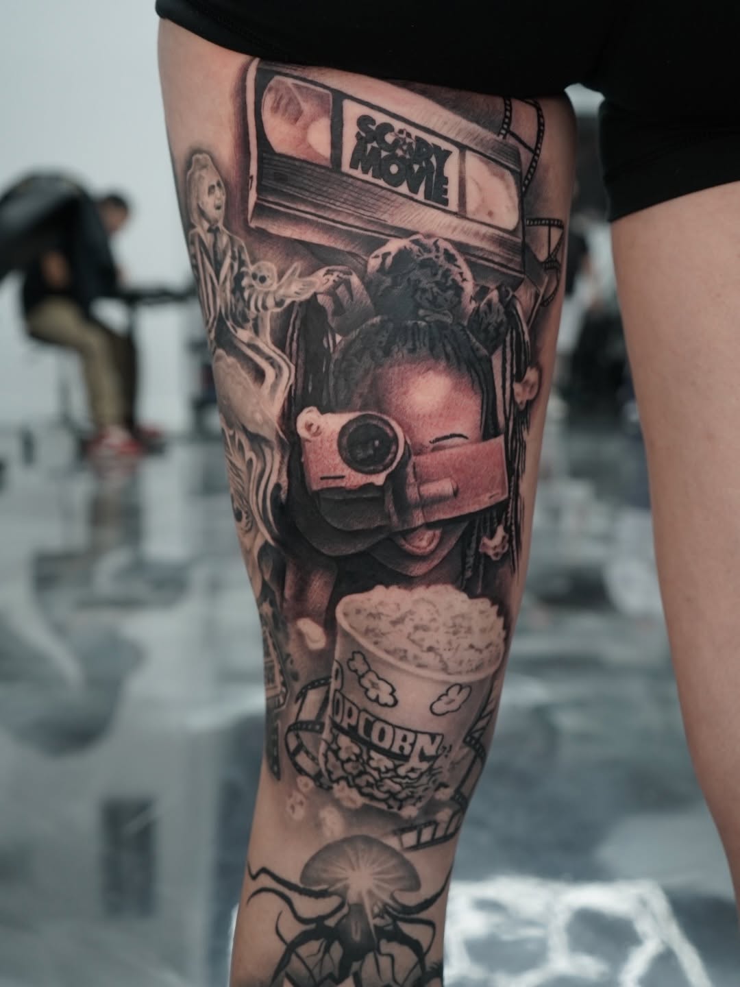 Realism horror tattoo work on leg sleeve by Charleigh Rae at Broadway Dept.