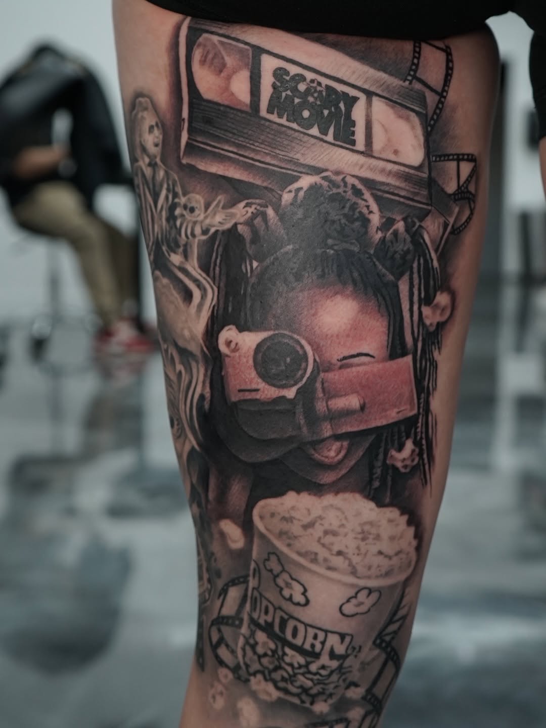 Horror icon design detail on leg sleeve tattoo by Charleigh Rae Sacramento