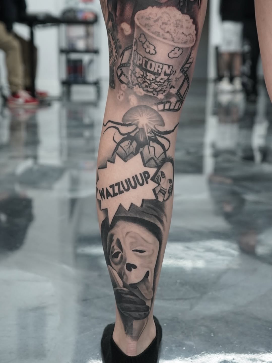 Custom scary movie leg sleeve featuring horror characters by Charleigh Rae