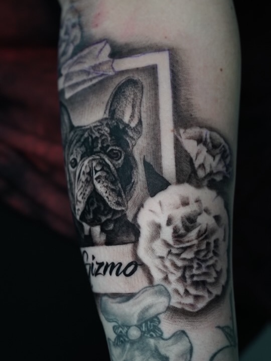 Completed dog portrait tattoo in black and grey by Charleigh Rae at Broadway Dept. Sacramento
