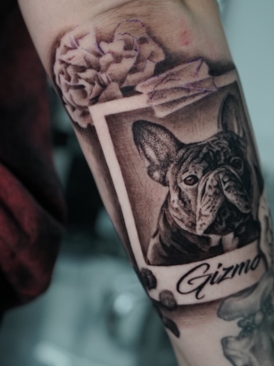 Custom black and grey dog portrait tattoo on skin by Charleigh Rae at Broadway Dept. Midtown Sacramento