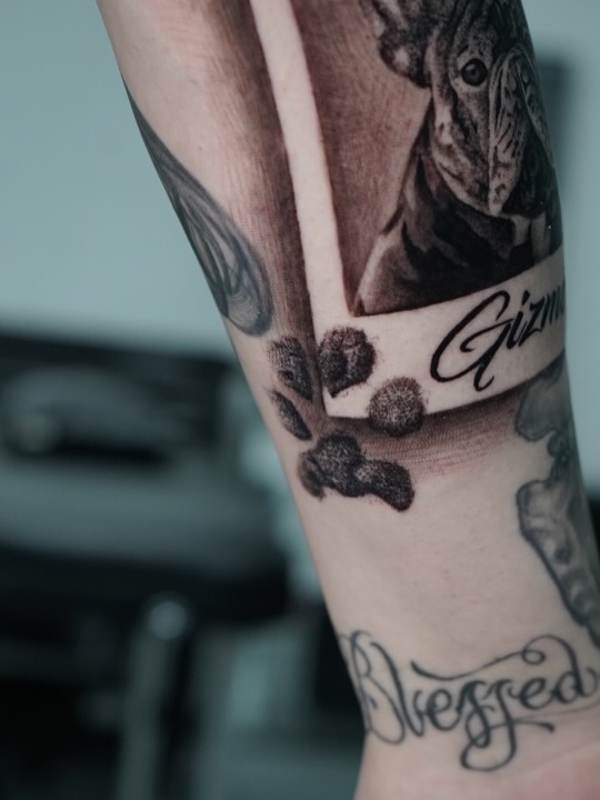Photorealistic dog portrait tattoo design by Charleigh Rae featuring fine detail work