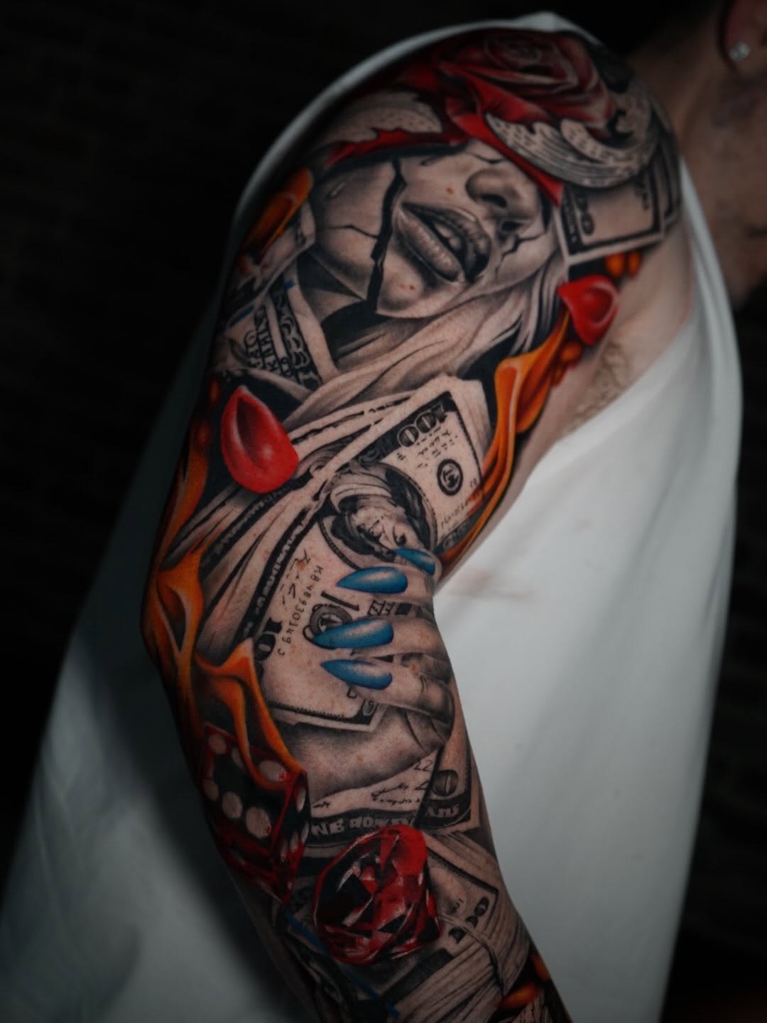 Detailed sleeve tattoo artwork by Crystal Mercedes at Broadway Dept. Sacramento