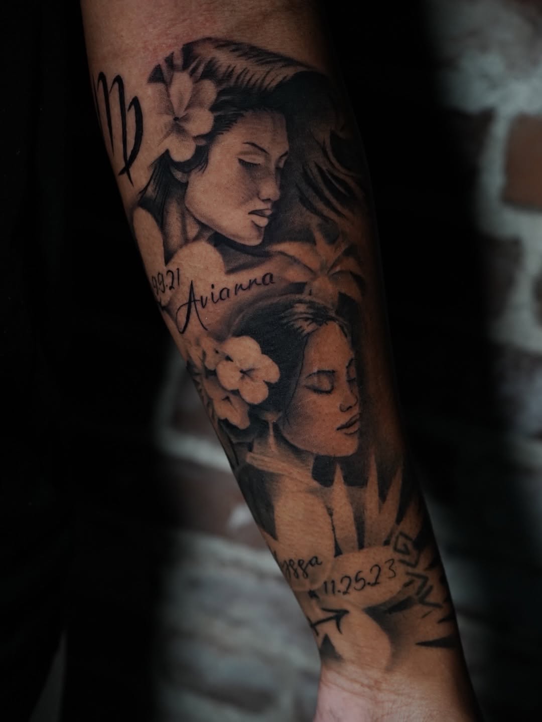 Close-up detail of daughter tribute tattoo with realistic shading by Charleigh Rae