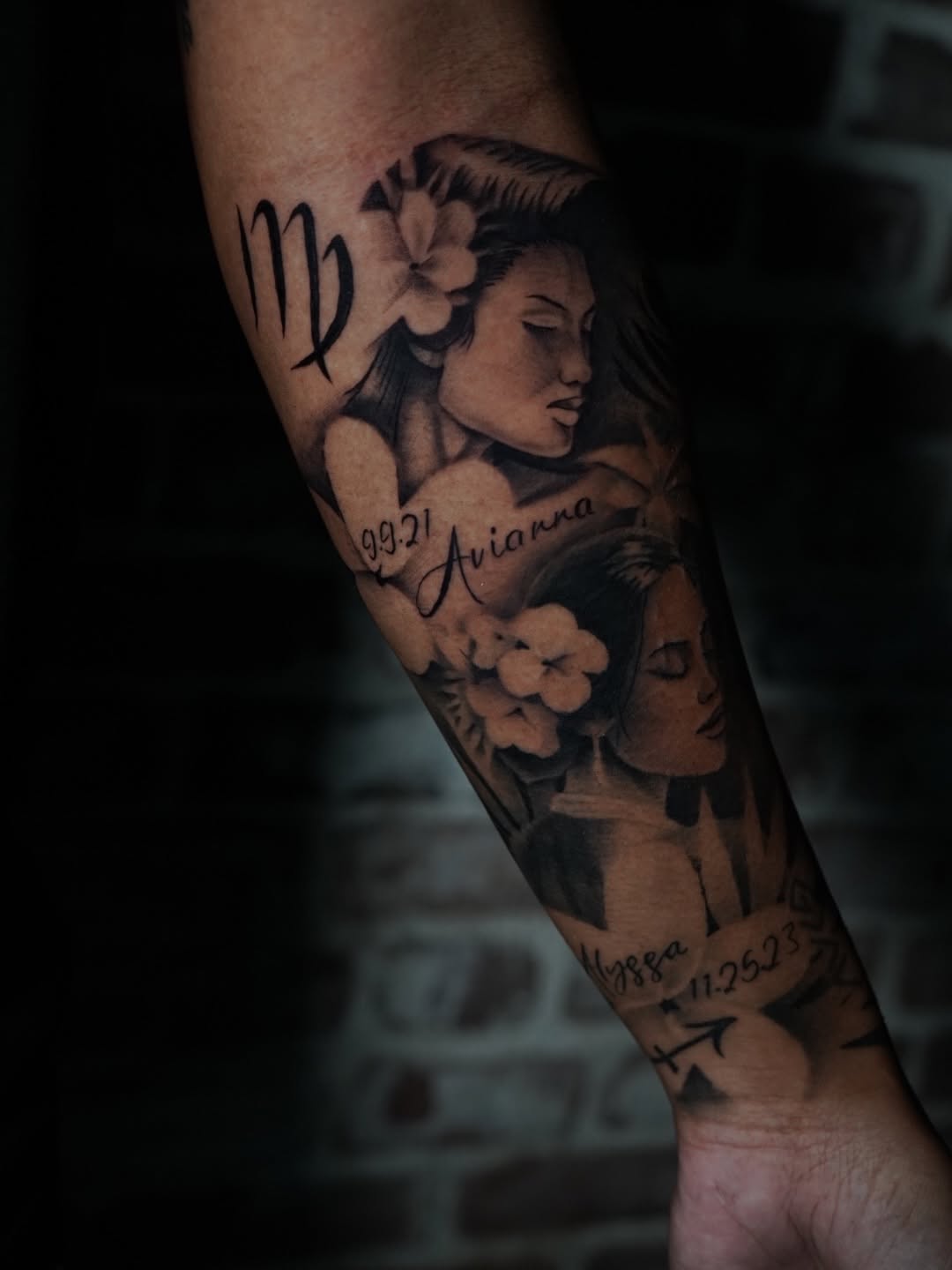 Family tribute tattoo featuring portrait work by Charleigh Rae at Broadway Dept.