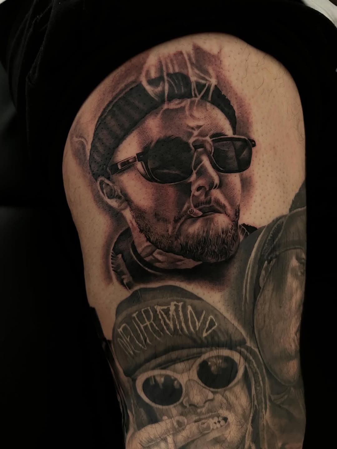 Full view of Mac Miller portrait integrated into leg sleeve by Mauricio Contreras at Broadway Dept. Sacramento