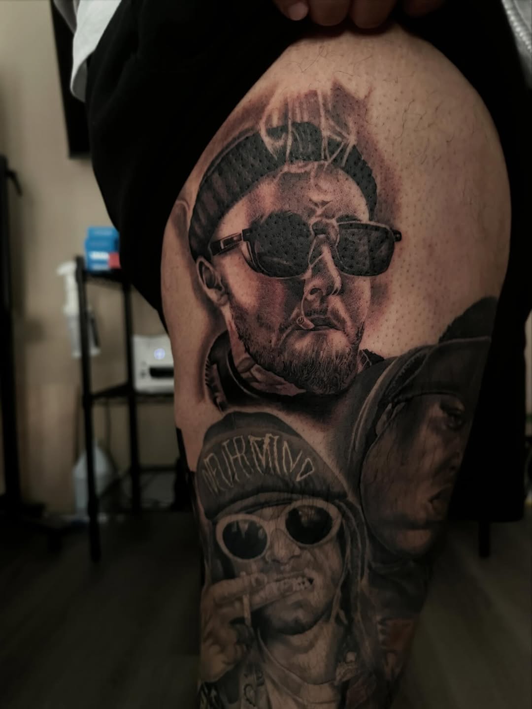 Mac Miller Portrait Tattoo on Leg Sleeve by Mauricio Contreras in Midtown Sacramento