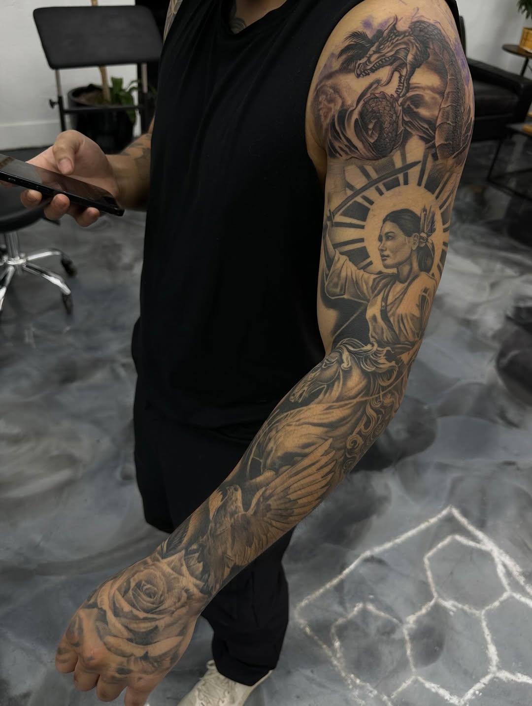 Completed tattoo artwork by Mauricio Contreras at Broadway Dept Sacramento