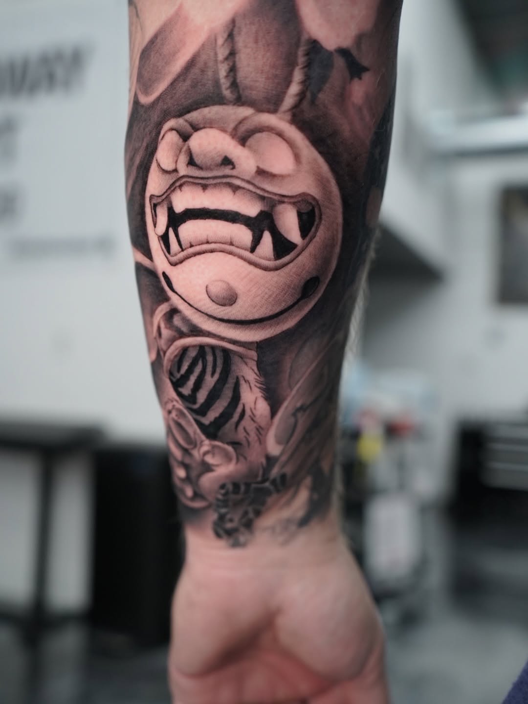Close-up view of gap filler tattoo work by Charleigh Rae at Broadway Dept. Sacramento