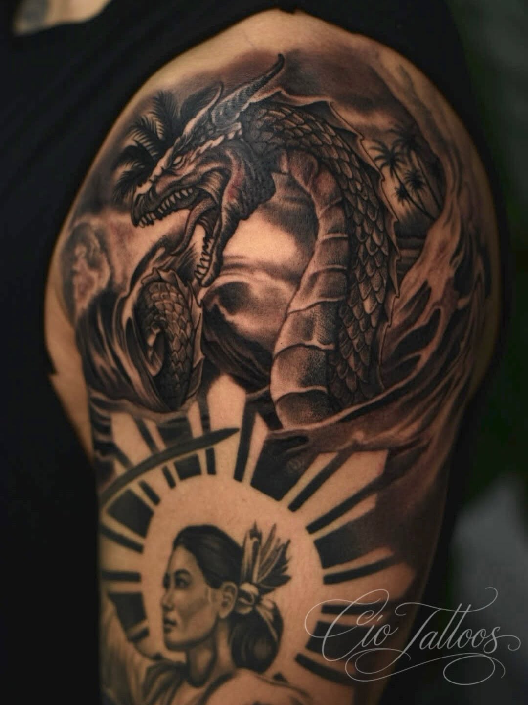Detailed water dragon tattoo artwork by Mauricio Contreras in Midtown Sacramento