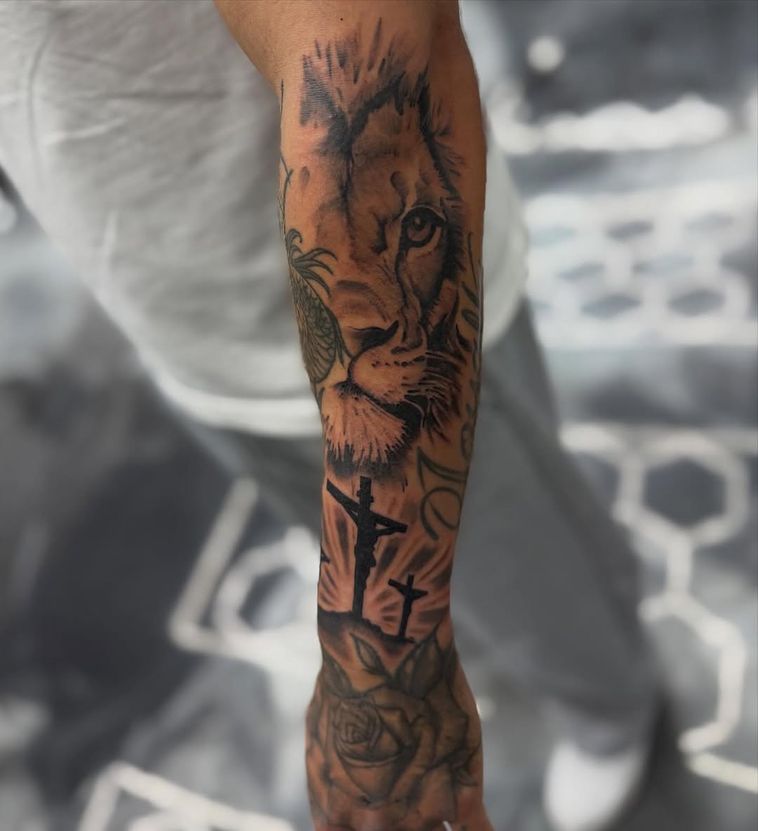 Completed lion tattoo piece by David Maciel at Broadway Dept Sacramento