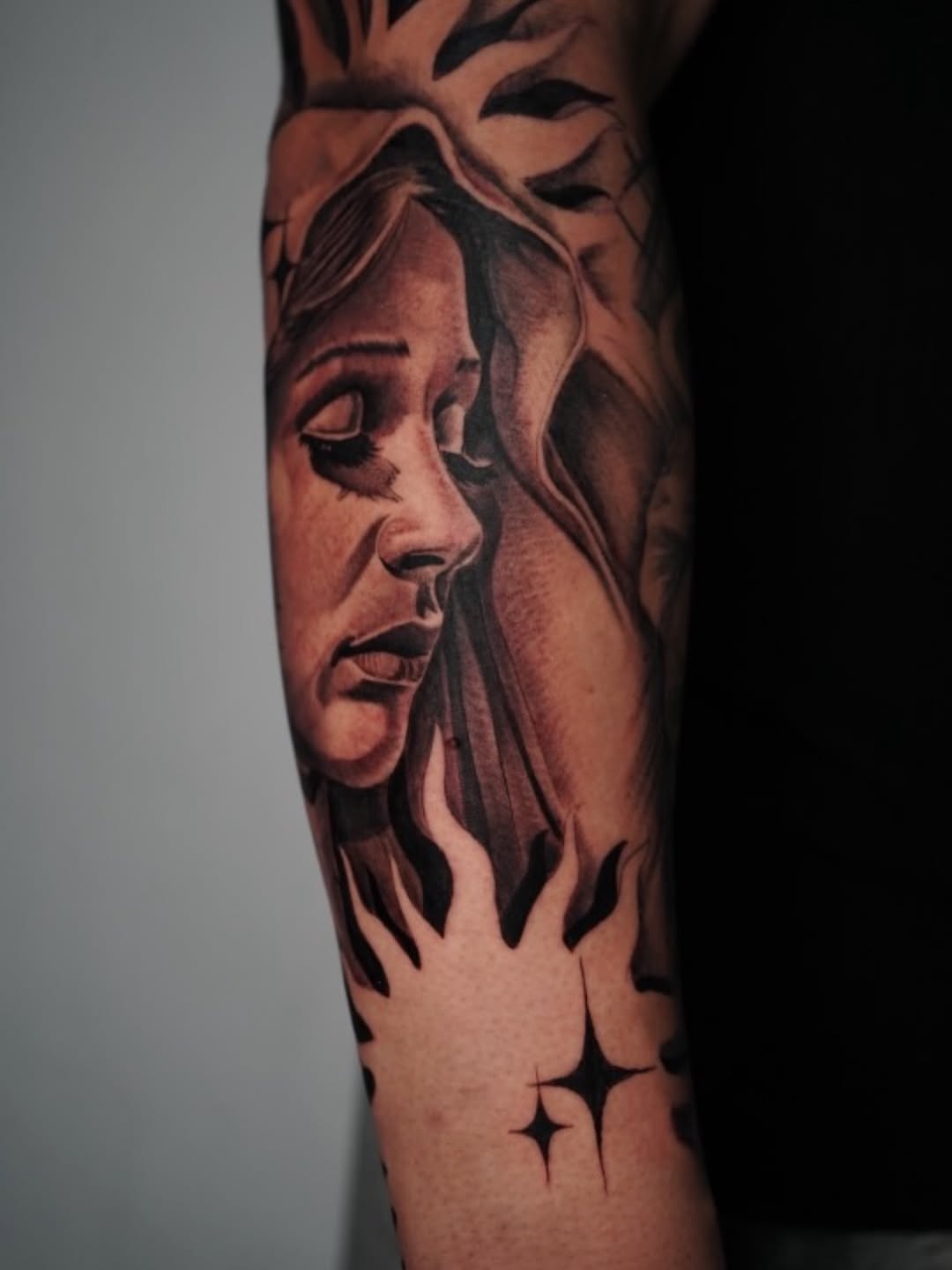 Spiritual Virgin Mary tattoo piece by Jesus Bernal at Broadway Dept. on 21st Street