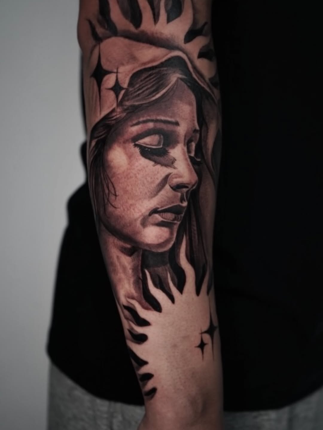Detailed line work Virgin Mary tattoo design by Jesus Bernal in Midtown Sacramento