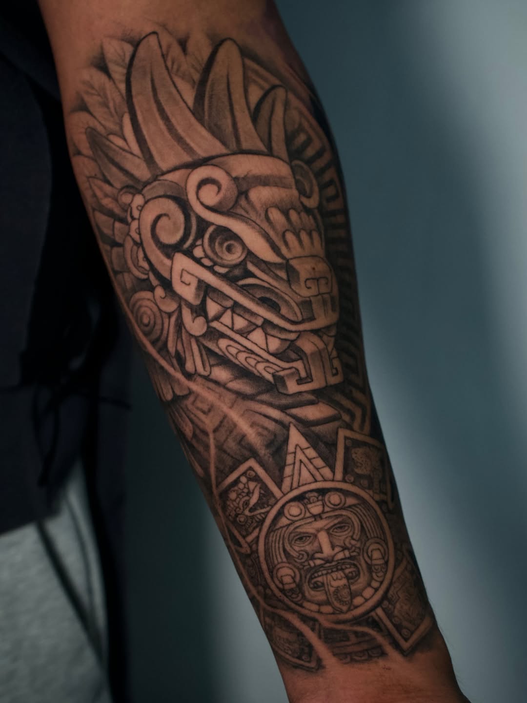 Completed Aztec forearm tattoo by Adrian Idso at Broadway Dept Midtown Sacramento