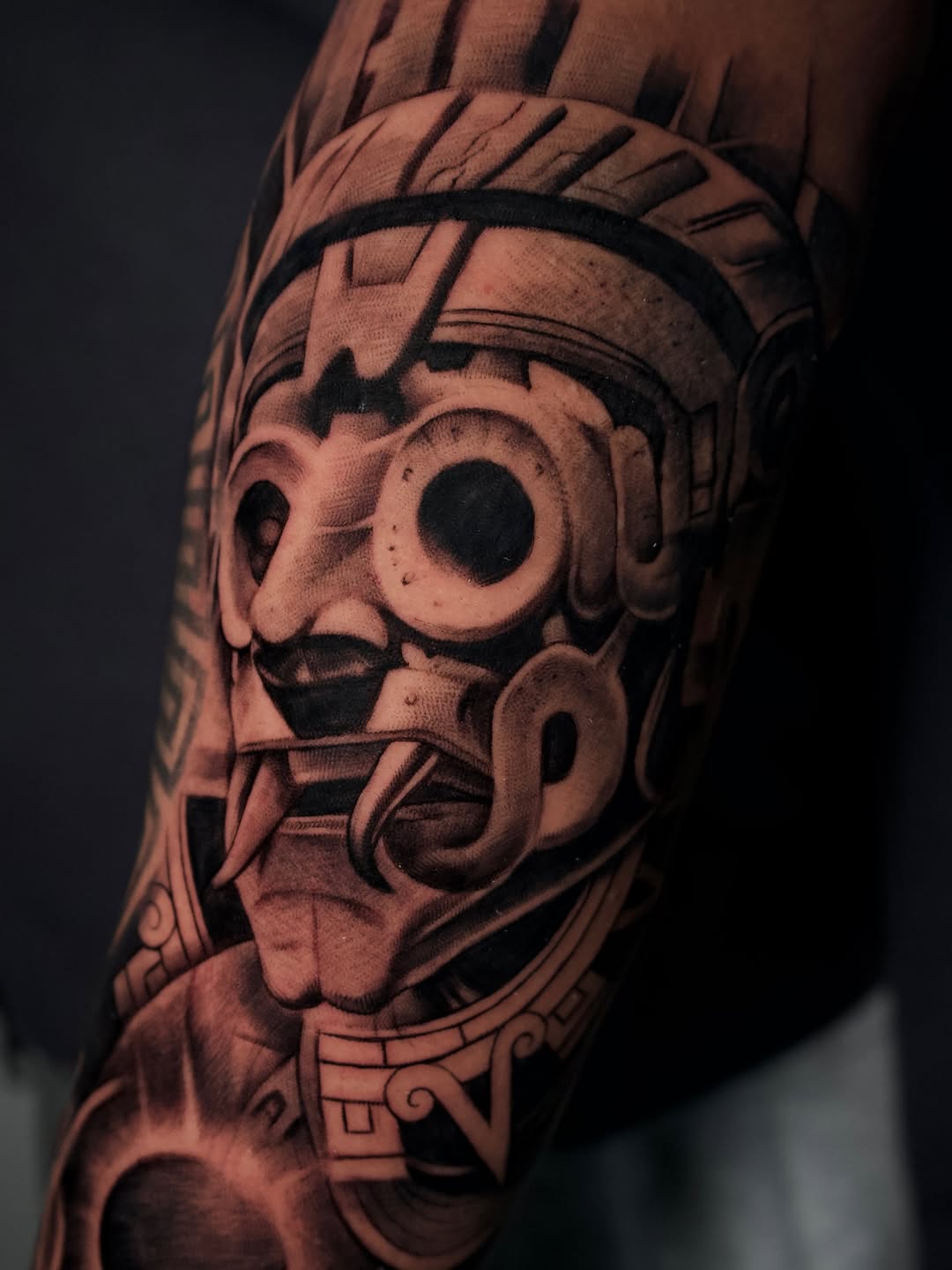 Aztec tribal pattern tattoo on forearm by Adrian Idso at Broadway Dept
