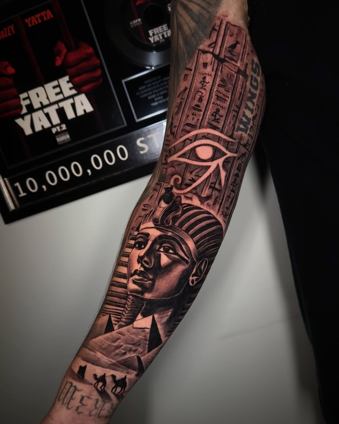 Finished black and grey Egyptian design tattoo at Broadway Dept. Midtown Sacramento