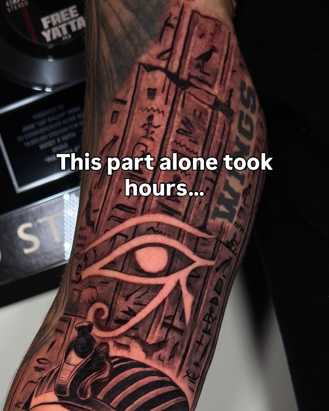 Completed black and grey Egyptian tattoo showing line work detail