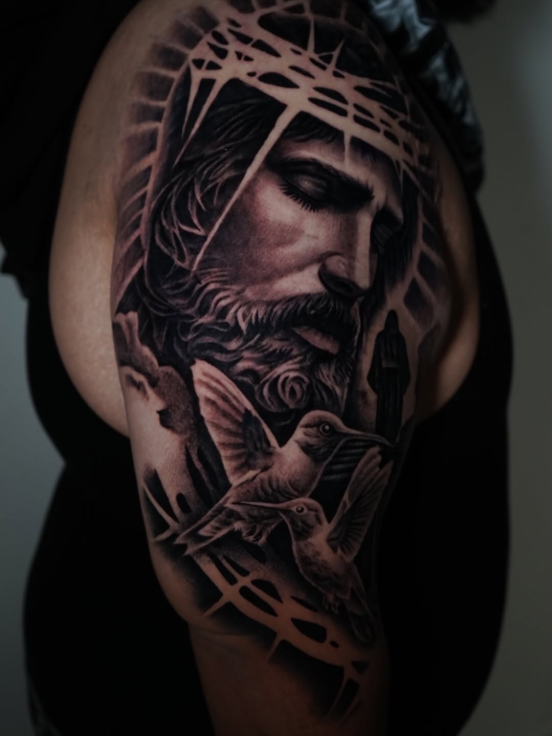 Detailed Jesus piece religious tattoo design by Broadway Dept. Sacramento artist