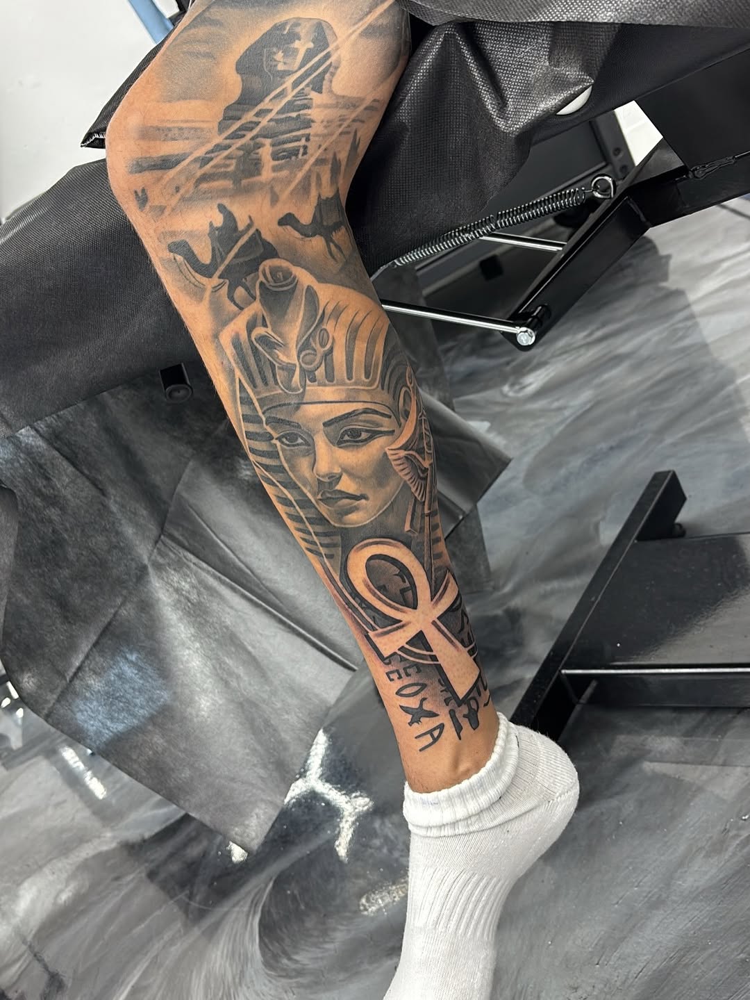Custom leg sleeve tattoo work by Jack Stralen at Broadway Dept Midtown Sacramento