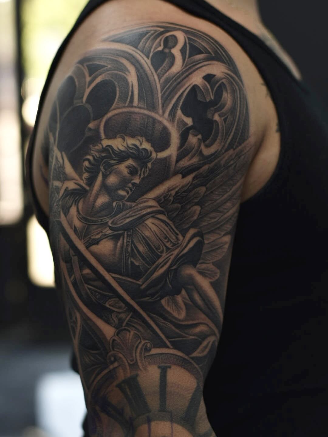 Completed session of archangel tattoo sleeve by Mauricio Contreras at Broadway Dept.