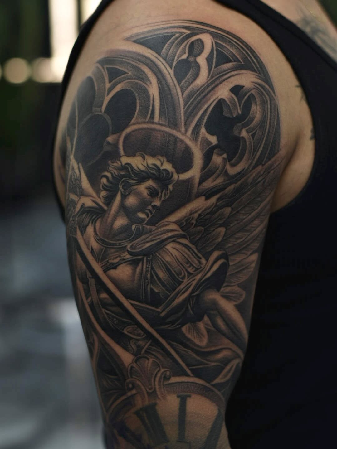 Archangel tattoo design continuation on client's arm at Broadway Dept. Midtown Sacramento