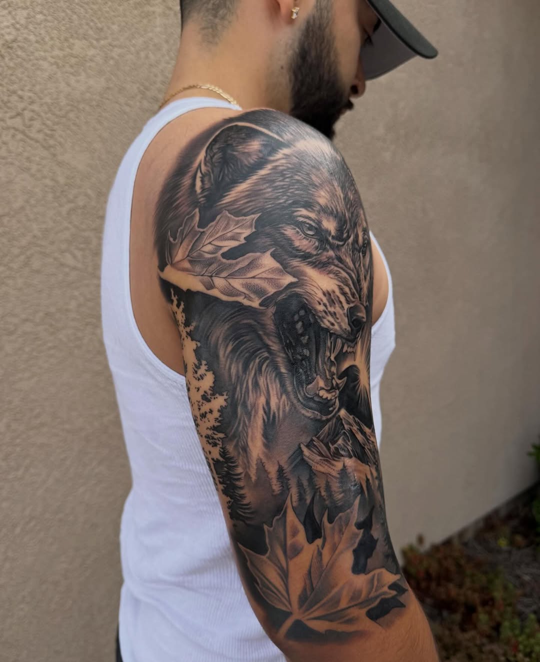 Completed wolf tattoo design by Broadway Dept. artist in Midtown Sacramento, day 2 of project