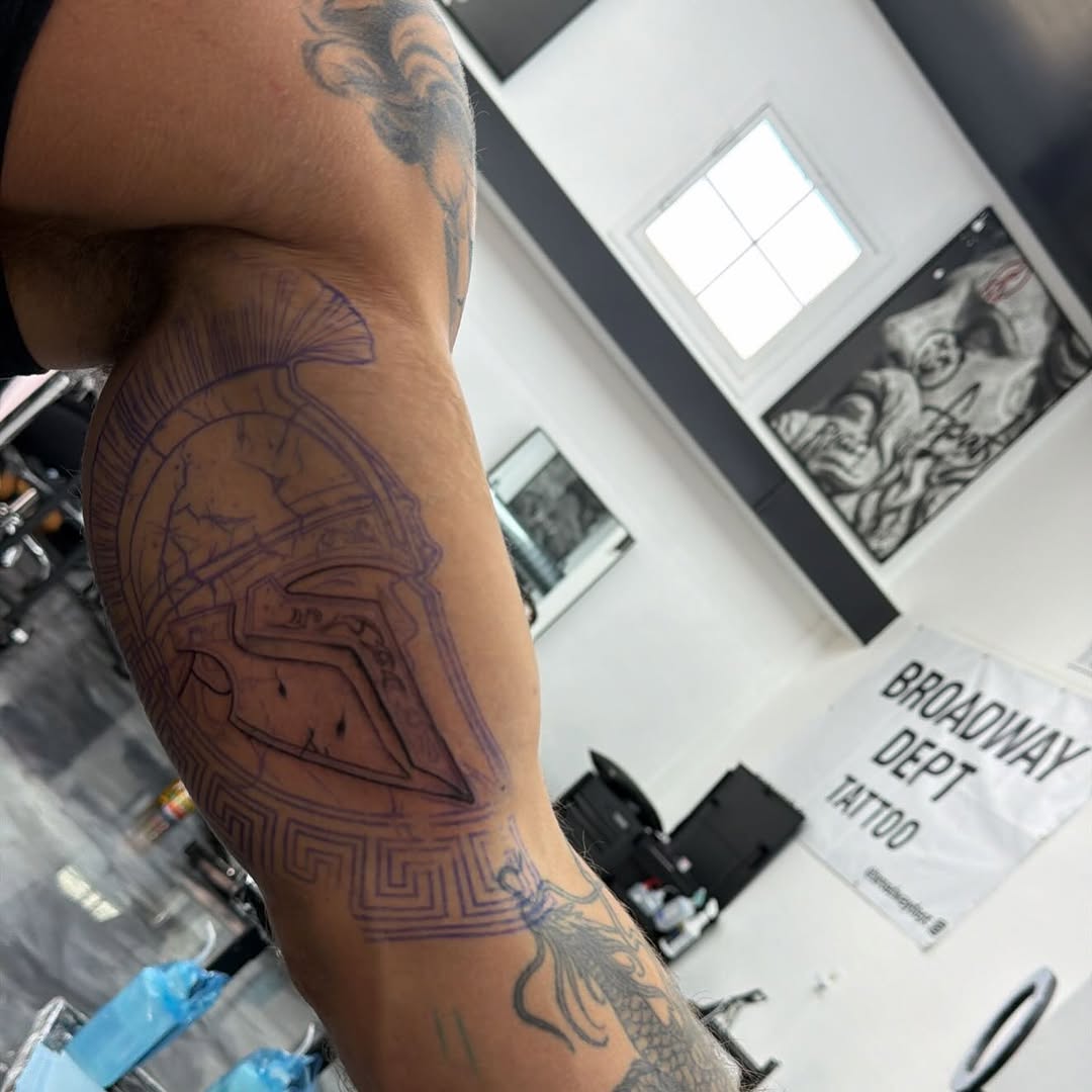 Close-up of detailed tattoo work by Broadway Dept. artist in Sacramento