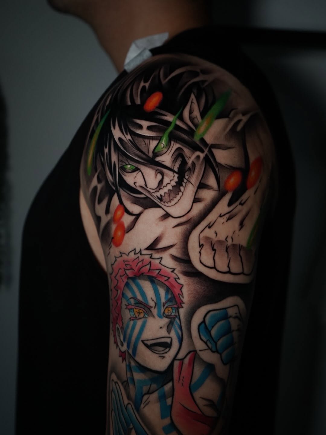 Detailed anime character sleeve tattoo work by Broadway Dept. Sacramento