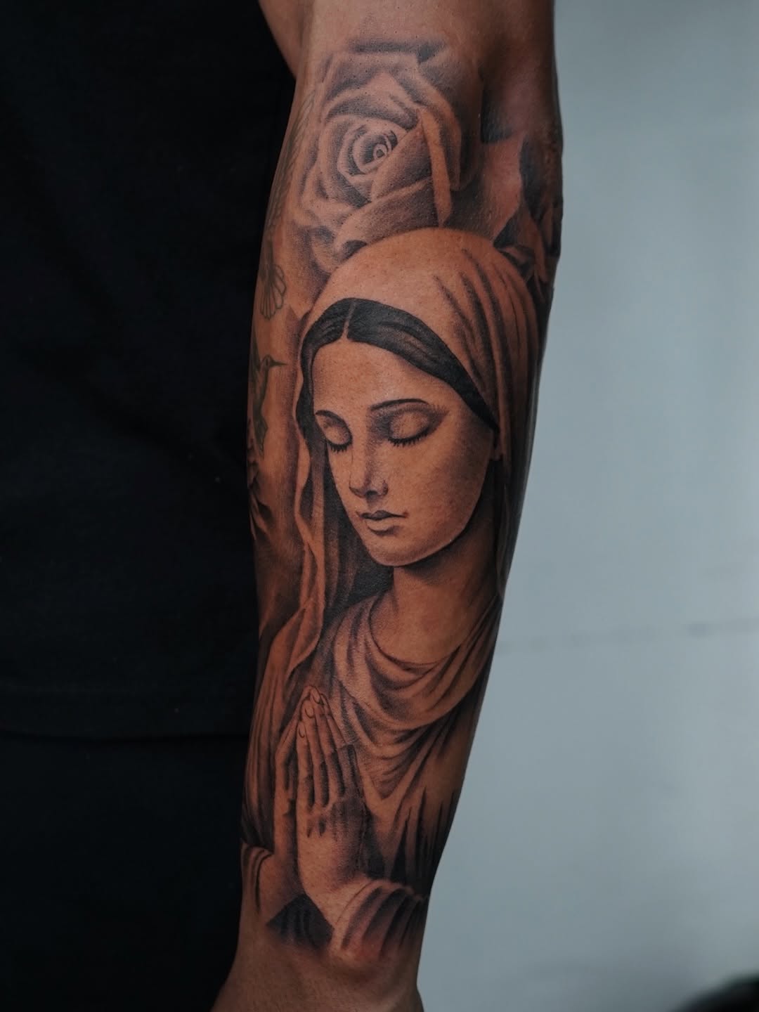 Detailed Virgin Mary realism tattoo by Broadway Dept. Sacramento