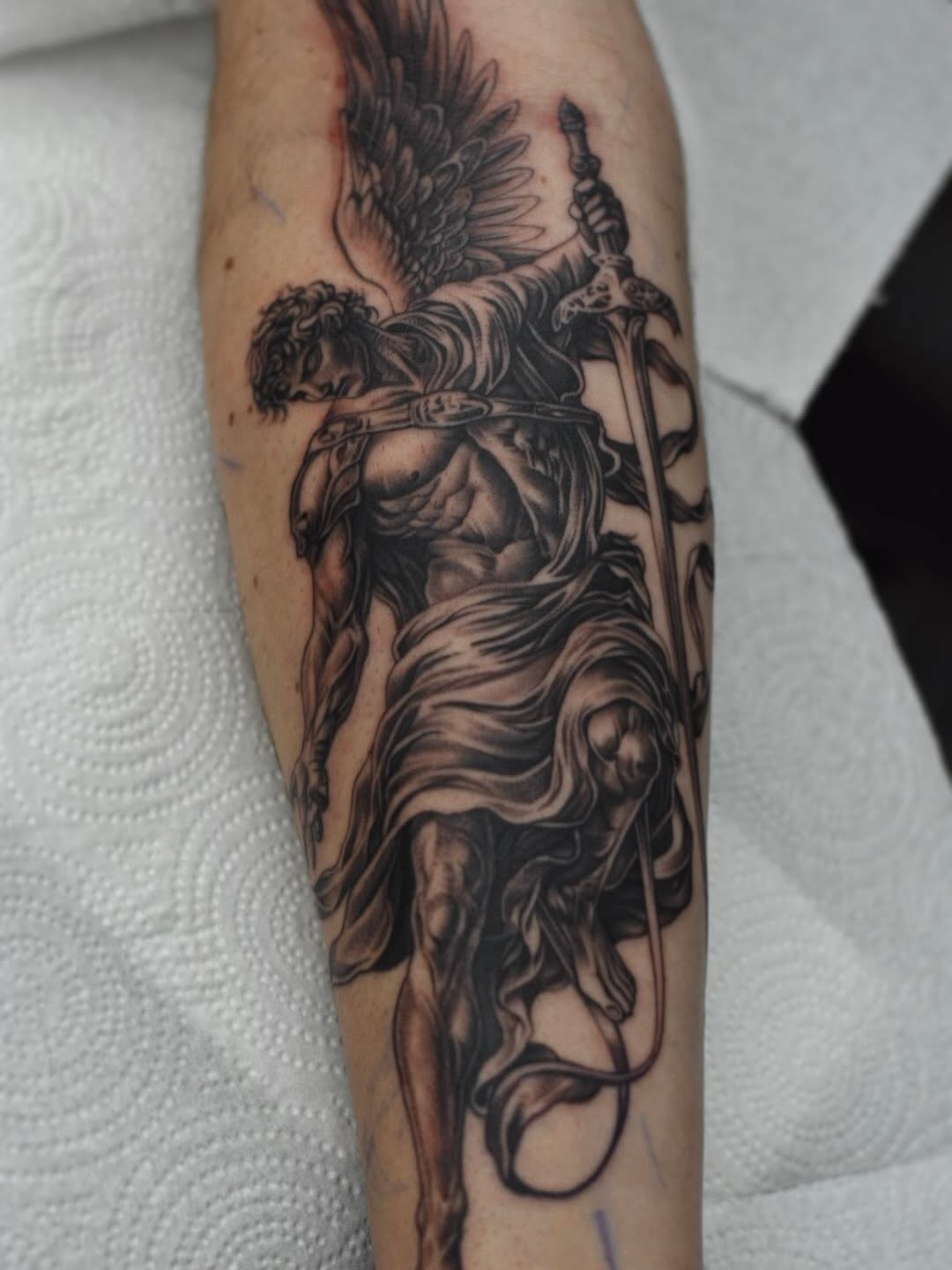 Finished Saint Michael archangel tattoo on client at Broadway Dept Midtown Sacramento