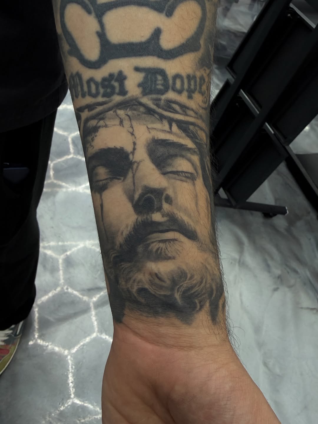 Healed tattoo design showcased at Broadway Dept. Midtown Sacramento tattoo shop