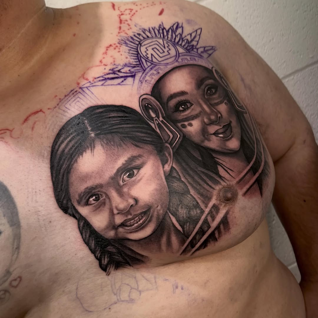 Close-up detail of mom and daughter portrait tattoo in progress by Bella Gomez