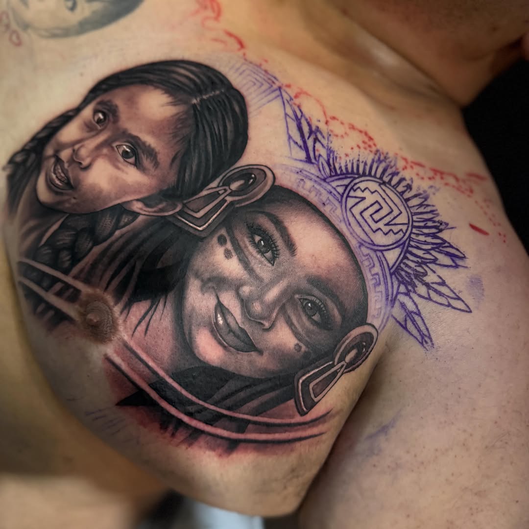 Completed mom and daughter portrait tattoo by Bella Gomez at Broadway Dept. Midtown Sacramento
