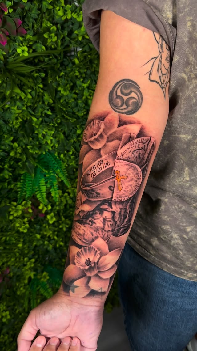 Memorial Boot and Belt Buckle Tattoo by Charleigh Rae in Midtown Sacramento