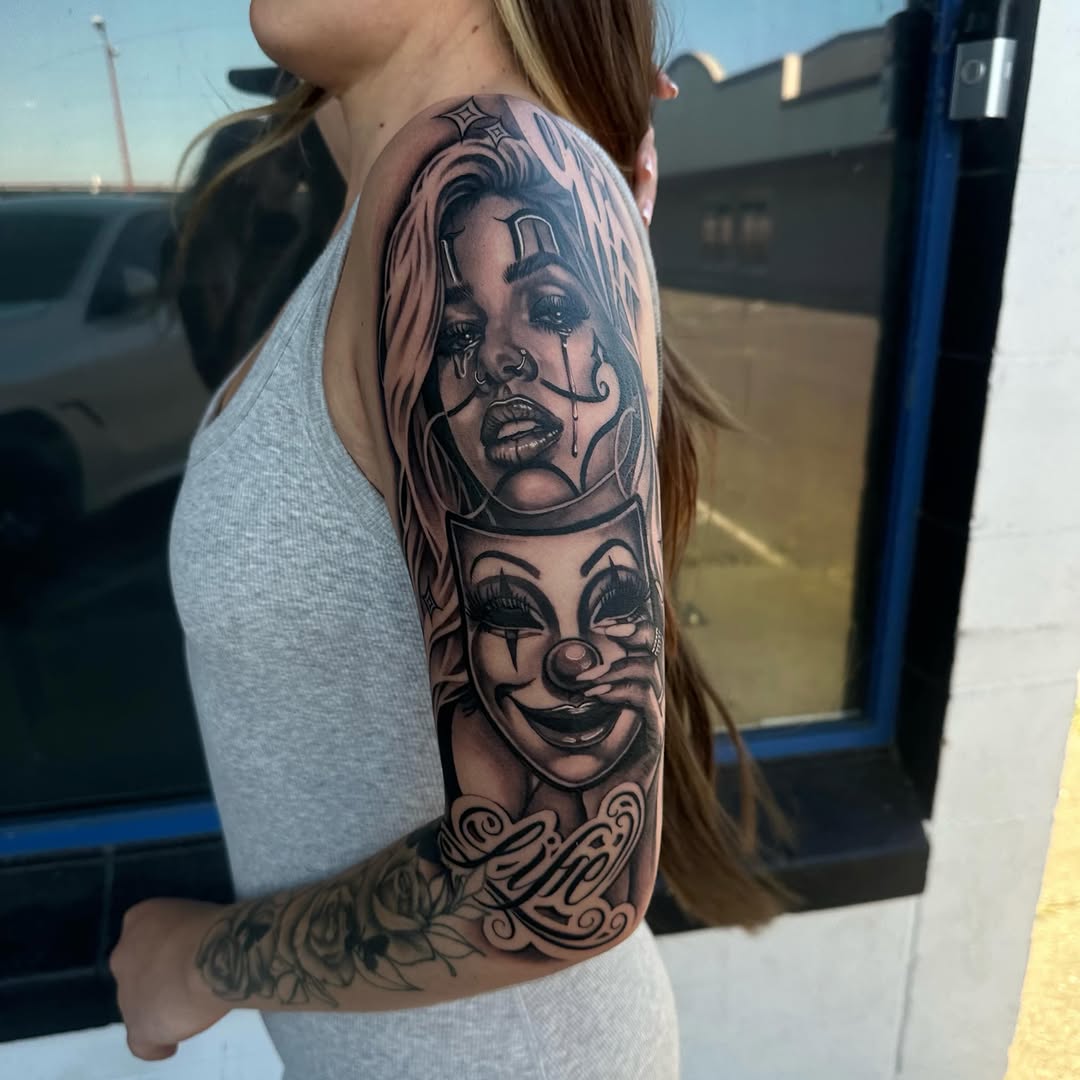 Completed Smile Now Cry Later tattoo by Bella Gomez at Broadway Dept. Sacramento tattoo shop
