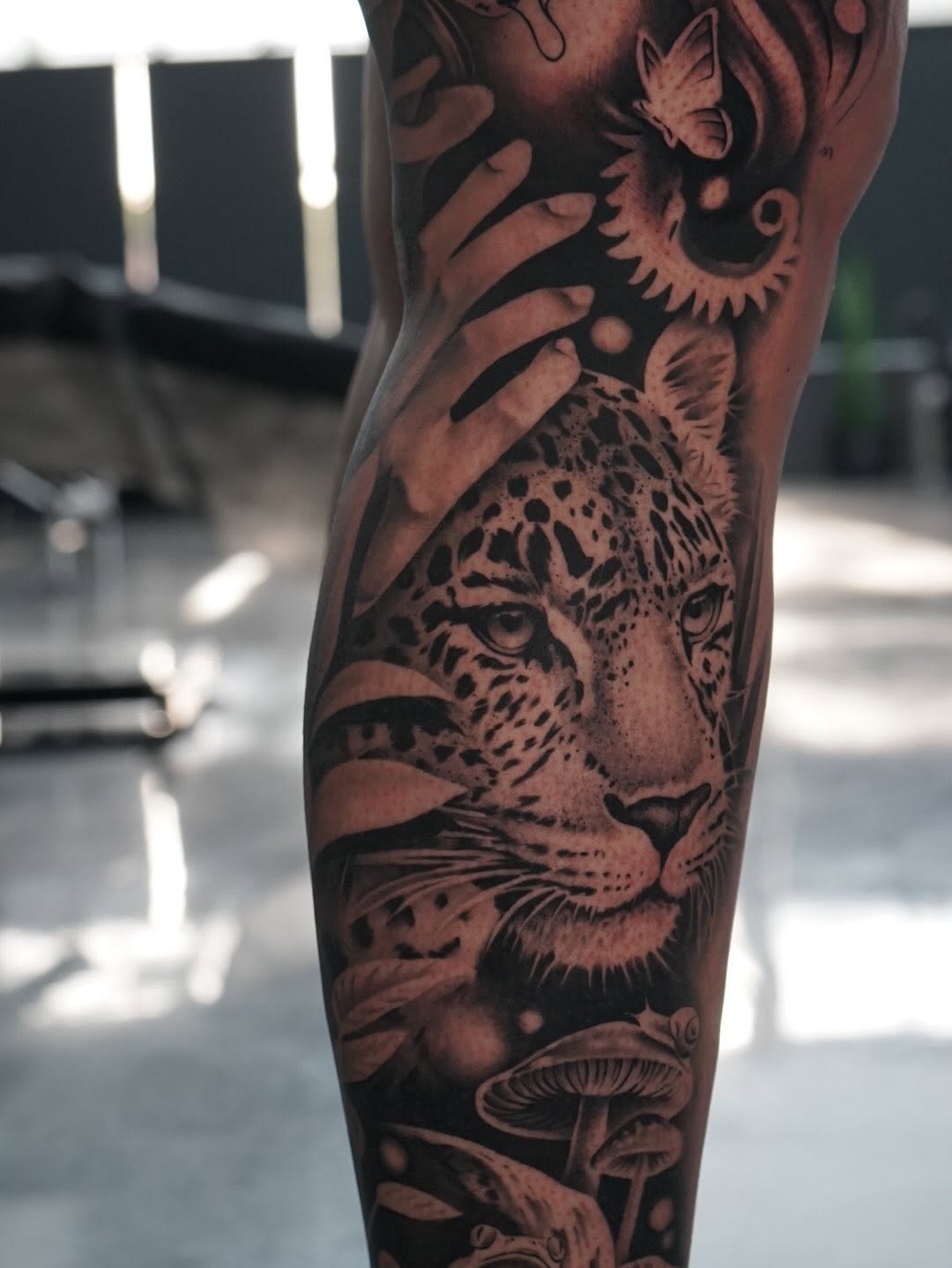 Detailed view of large-scale tattoo design by Crystal Mercedes at Sacramento tattoo studio