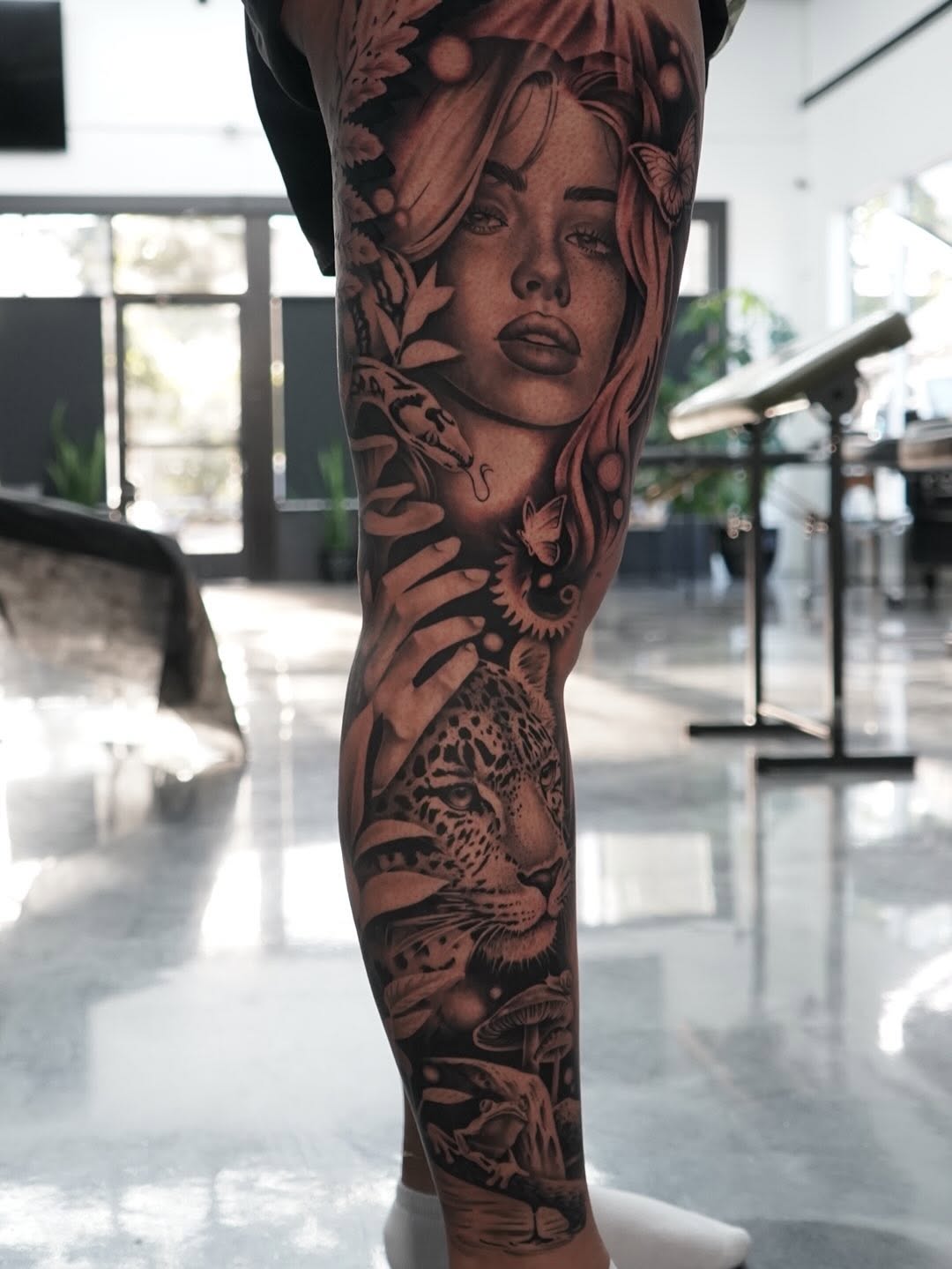 Close-up detail of custom tattoo work by Crystal Mercedes at Midtown Sacramento tattoo shop