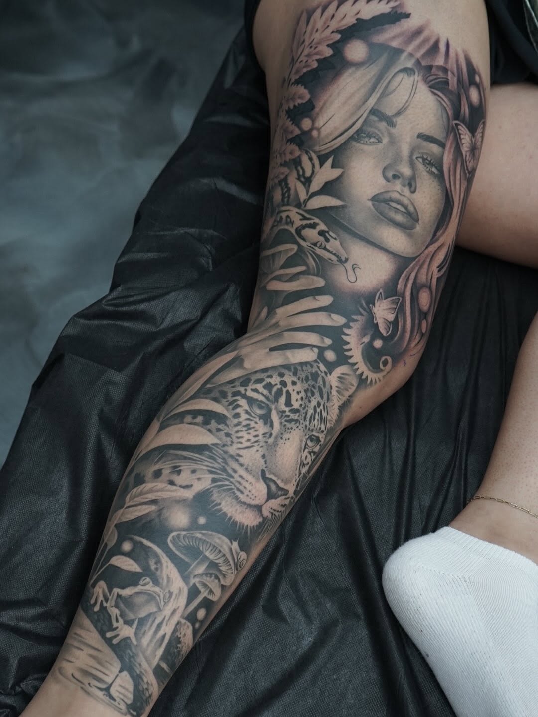 Completed section of large-scale custom tattoo by Crystal Mercedes at Sacramento shop