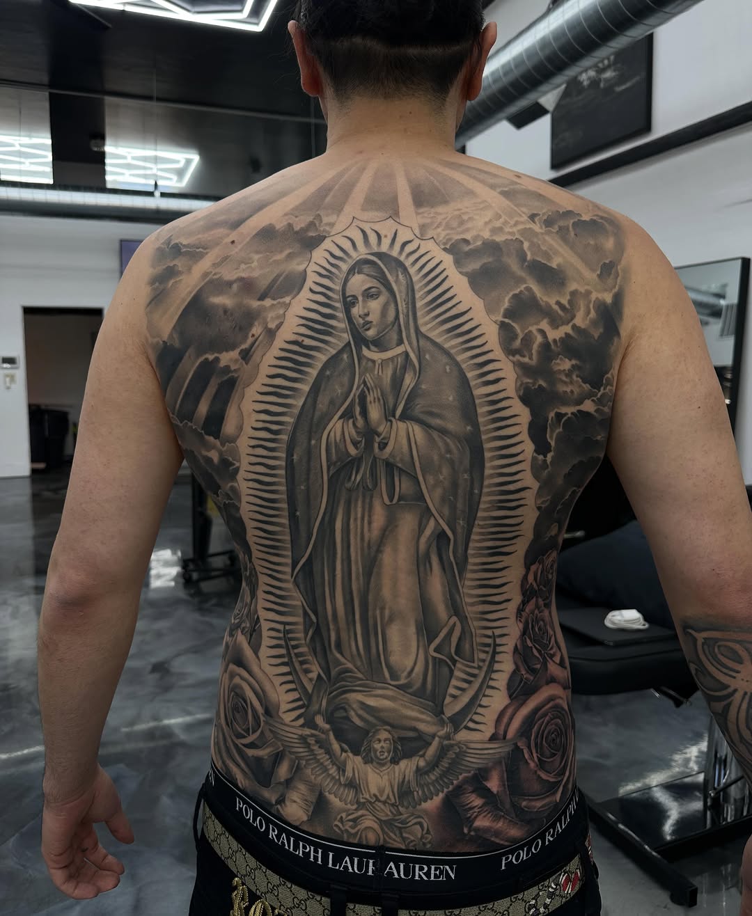 Virgin Mary backpiece tattoo in progress at Broadway Dept. Midtown Sacramento