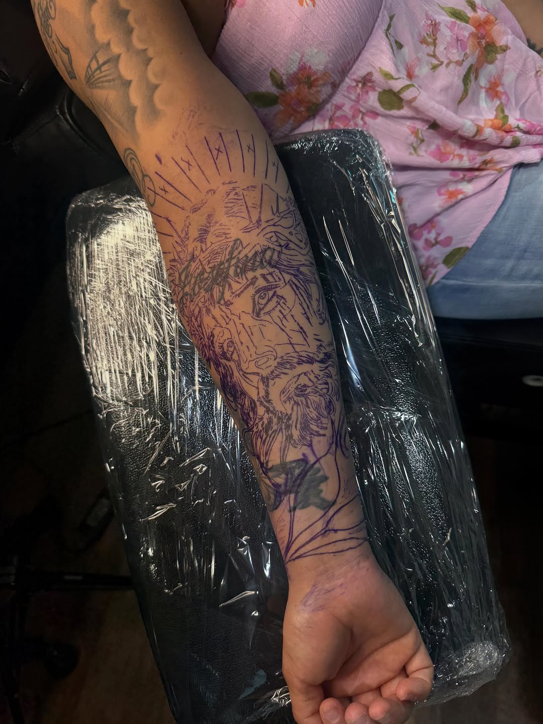 Finished religious cross tattoo by Bella Gomez at Broadway Dept. Sacramento