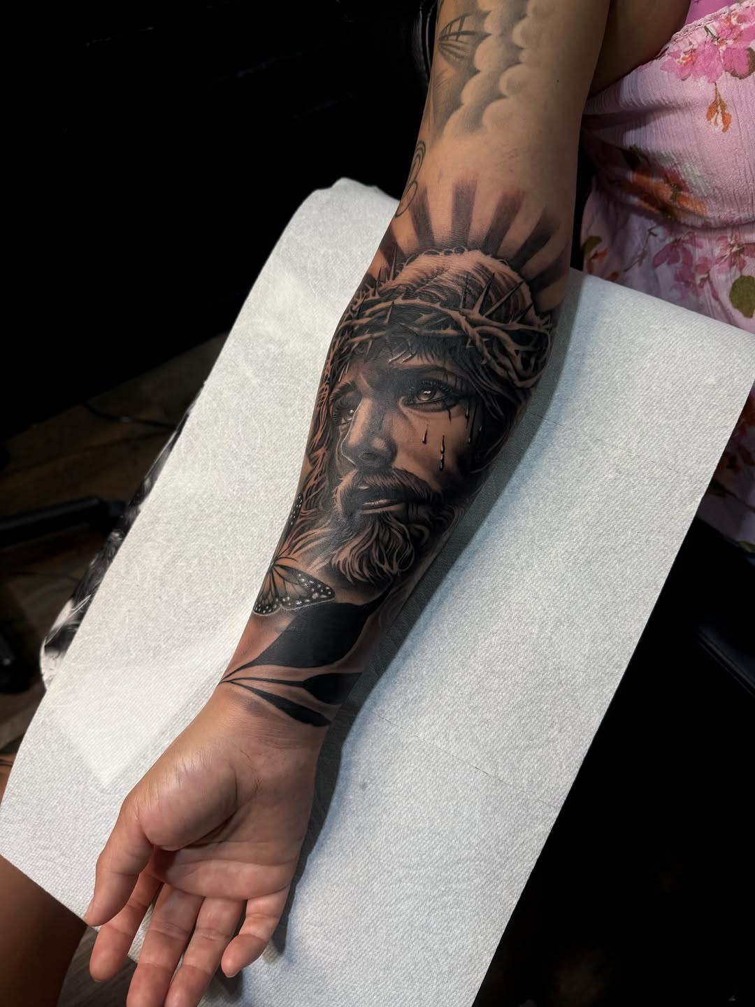 Double coverup cross tattoo detail by Bella Gomez at Broadway Dept. Sacramento