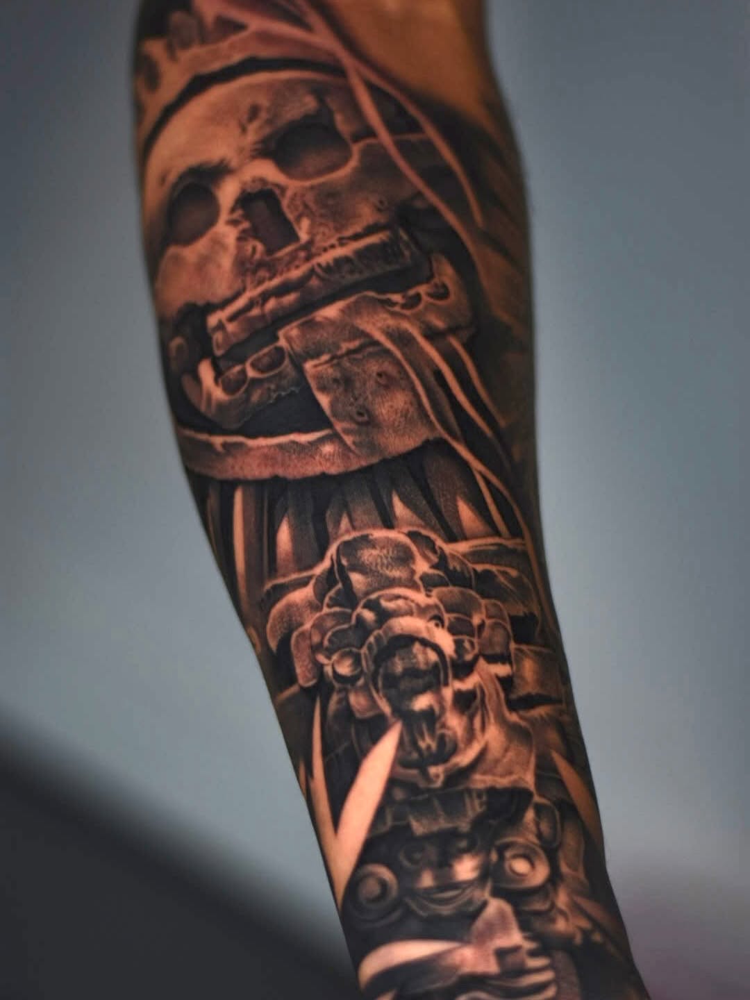Completed Mictlantecuhtli mythological tattoo by professional artist at Broadway Dept. Sacramento