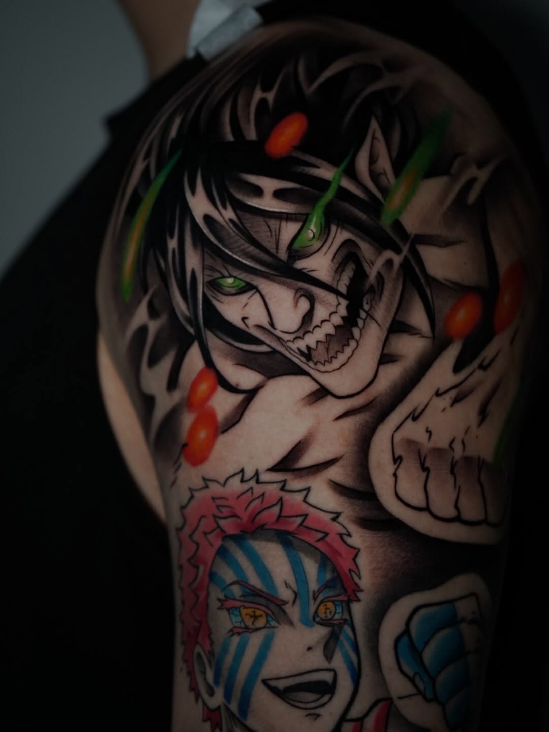 Anime sleeve tattoo showing character details and color work