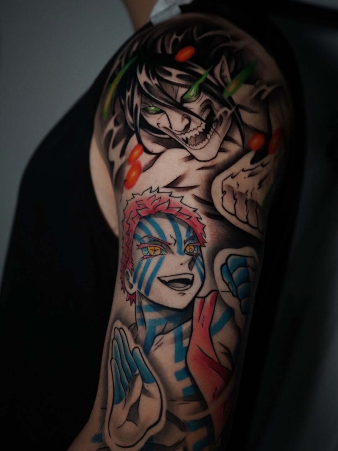 Colorful anime sleeve tattoo work by Crystal Mercedes at Broadway Dept.