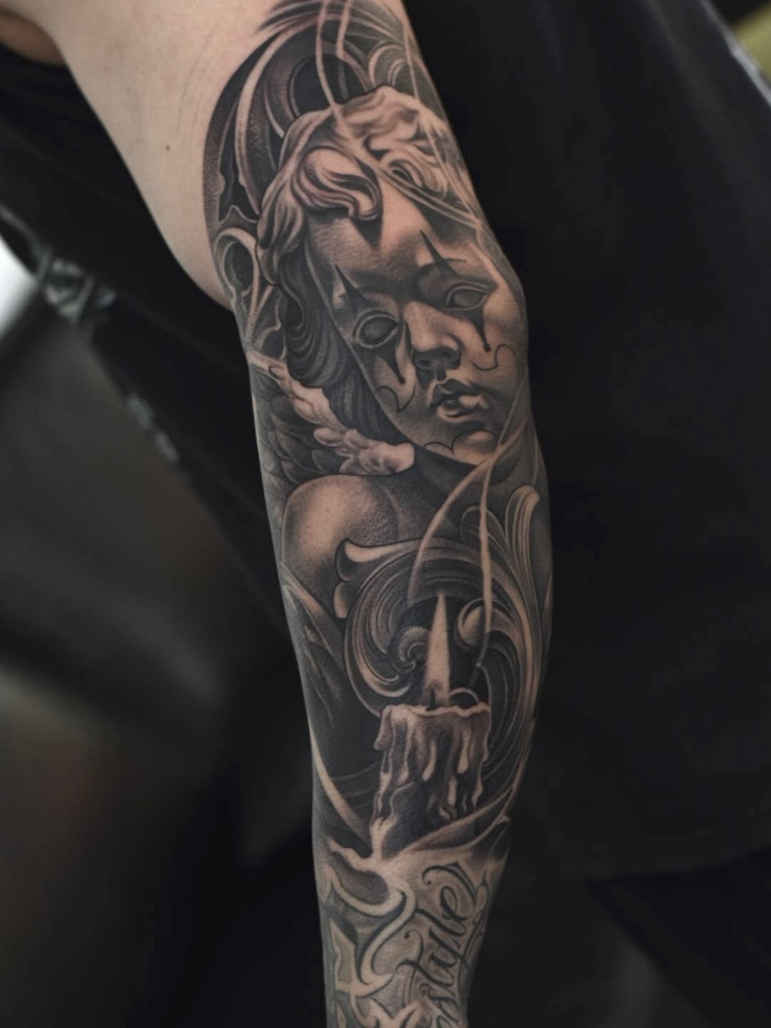 Guardian tattoo design on client at Broadway Dept. Midtown Sacramento tattoo shop