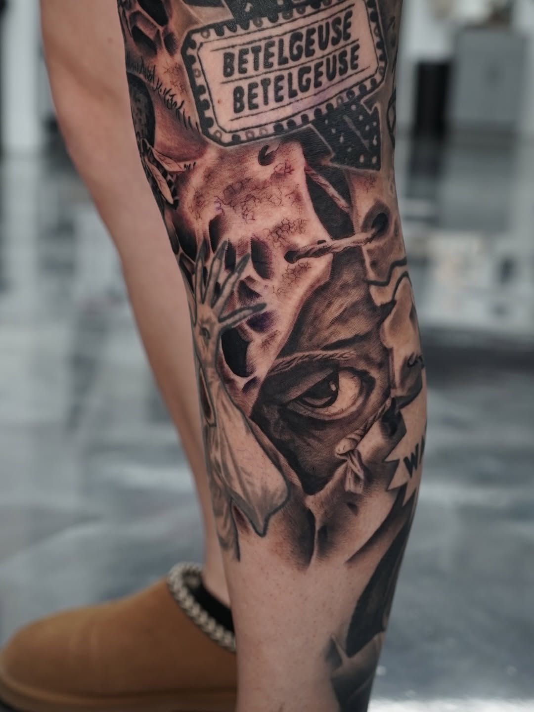 Horror sleeve tattoo in progress featuring Jeepers Creepers design by Charleigh Rae at Broadway Dept